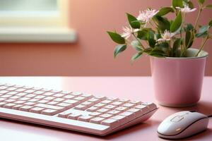 Computer keyboard with mouse in pink desk. photo