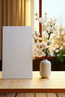 A blank sheet mockup with white flowers on the table. photo