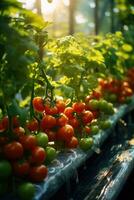Tomato plantation in greenhouse. Generative AI photo