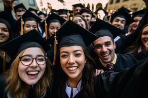 Students in graduation costume taking selfie outdoors. Generative AI photo