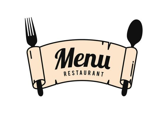 Food menu, food recipe logo design template. Spoon fork with old paper scroll. Vintage letter. Vector Illustration