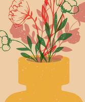 Braches with flowers in a vase. Colorful screen printing riso effect. Riso print design. Vector illustration. Graphic element for fabric, textile, clothing, wrapping paper, wallpaper, poster and web.