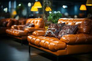 Stylish brown leather sofa in apartment. Generative AI photo