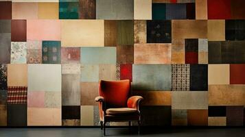 patchwork, sewing and fashion concept - interior design, walls, armchair photo