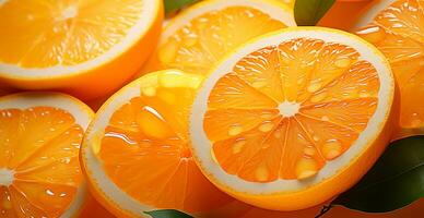 Realistic orange texture. Orange circles close up, tropical pattern, fruit banner - AI generated image photo