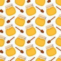Seamless pattern with honey jar and honey dipper spoon. Vector illustration for honey design, beekeeper branding, background, wrapping paper, fabric textile.