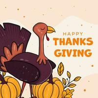 hand drawn Thanksgiving illustration with turkey cock, leaves, and pumpkins vector