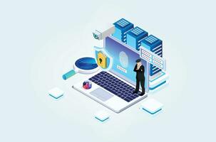 Modern Isometric Online administrator, web hosting concept. Technician repair software. Hardware protection share infographic. Store safe server. Suitable for Diagrams, Game Asset, And Other asset vector