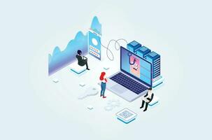 Modern Isometric Online administrator, web hosting concept. Technician repair software. Hardware protection share infographic. Store safe server. Suitable for Diagrams, Game Asset, And Other asset vector