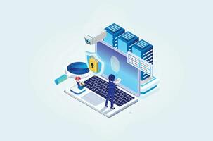 Modern Isometric Online administrator, web hosting concept. Technician repair software. Hardware protection share infographic. Store safe server. Suitable for Diagrams, Game Asset, And Other asset vector