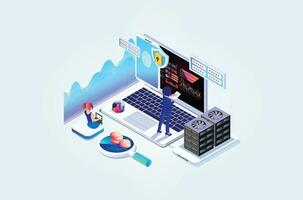 Modern Isometric Online administrator, web hosting concept. Technician repair software. Hardware protection share infographic. Store safe server. Suitable for Diagrams, Game Asset, And Other asset vector