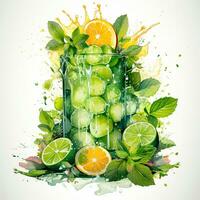 Mojito with fresh mint leaves and lime on crushed ice, on a white background - AI generated image photo