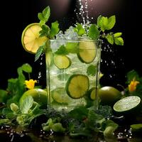 Mojito with fresh mint leaves and lime on crushed ice, on a black background - AI generated image photo