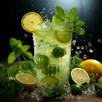 Mojito with fresh mint leaves and lime on crushed ice, on a black background - AI generated image photo