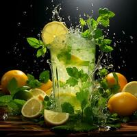 Mojito with fresh mint leaves and lime on crushed ice, on a black background - AI generated image photo