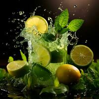 Mojito with fresh mint leaves and lime on crushed ice, on a black background - AI generated image photo