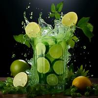 Mojito with fresh mint leaves and lime on crushed ice, on a black background - AI generated image photo