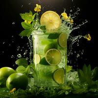 Mojito with fresh mint leaves and lime on crushed ice, on a black background - AI generated image photo