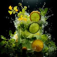 Mojito with fresh mint leaves and lime on crushed ice, on a black background - AI generated image photo