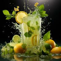 Mojito with fresh mint leaves and lime on crushed ice, on a black background - AI generated image photo