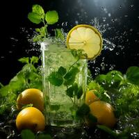 Mojito with fresh mint leaves and lime on crushed ice, on a black background - AI generated image photo