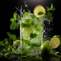Mojito with fresh mint leaves and lime on crushed ice, on a black background - AI generated image photo