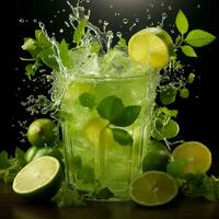 Mojito with fresh mint leaves and lime on crushed ice, on a black background - AI generated image photo