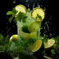 Mojito with fresh mint leaves and lime on crushed ice, on a black background - AI generated image photo