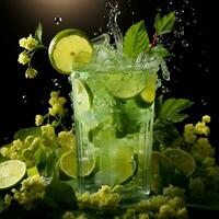 Mojito with fresh mint leaves and lime on crushed ice, on a black background - AI generated image photo