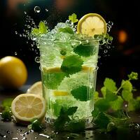 Mojito with fresh mint leaves and lime on crushed ice, on a black background - AI generated image photo