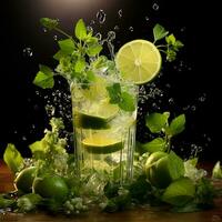Mojito with fresh mint leaves and lime on crushed ice, on a black background - AI generated image photo