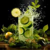 Mojito with fresh mint leaves and lime on crushed ice, on a black background - AI generated image photo