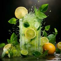 Mojito with fresh mint leaves and lime on crushed ice, on a black background - AI generated image photo