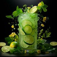 Mojito with fresh mint leaves and lime on crushed ice, on a black background - AI generated image photo
