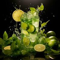 Mojito with fresh mint leaves and lime on crushed ice, on a black background - AI generated image photo