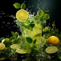 Mojito with fresh mint leaves and lime on crushed ice, on a black background - AI generated image photo