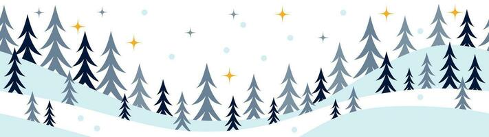 vector invierno, Navidad temporada paisaje. largo antecedentes o bandera con abeto, abeto o Navidad árbol, estrellas y nieve