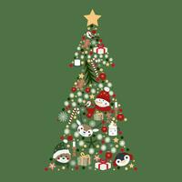 Vector Christmas noel tree with cute deer, penguin, snowman and bear, decorations, lights, stars. Illustration for greeting card, poster, banner, invitations.