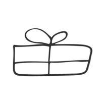 Present box line vector illustration. Wrapped surprise package with ribbon and bow.