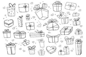 Hand drawn gift boxes set in doodle style. Isolated vector