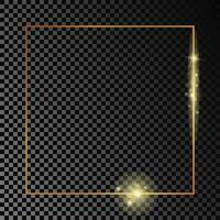 Gold glowing square frame isolated on dark background. Shiny frame with glowing effects. Vector illustration.