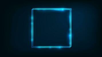 Neon double square frame with shining effects on dark background. Empty glowing techno backdrop. Vector illustration.