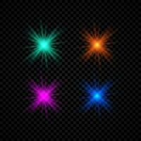 Light effect of lens flares. Set of four green, orange, purple and blue glowing lights starburst effects with sparkles on a dark background. Vector illustration