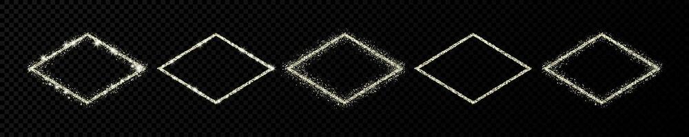 Set of five silver glitter frames. Rhombus frame with shiny sparkles on dark background. Vector illustration