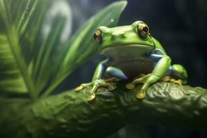 Tree Frog sitting on plant. AI Generated photo