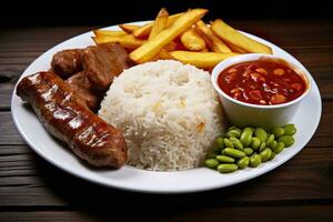 arroz, frijoles, francés papas fritas, y carne. generativo ai foto