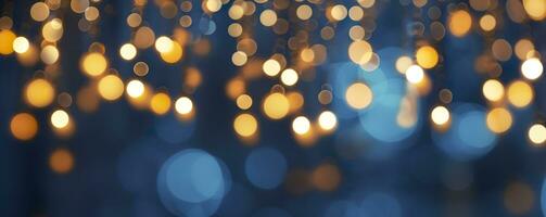 holiday illumination and decoration concept, Christmas garland bokeh lights over dark blue background. AI Generated photo