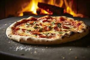 Freshly baked pizza closeup, traditional wood fired oven background. AI Generated photo