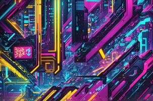 Abstract colorful illustration. Cyberpunk style. Background and wallpaper. Vibrant colors. Backdrop and banner. Graphic design and art. photo