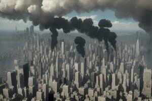 Middle East city after airstrike. War and battle. Explosion and smoke. AI Artificial intelligence generated art. photo